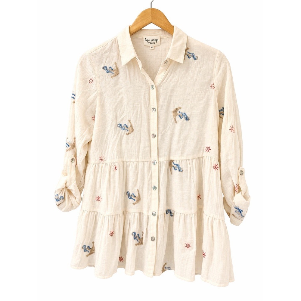 Hope Springs Embroidered Gauze Blouse M Cream Nautical Tiered Boho Button Top